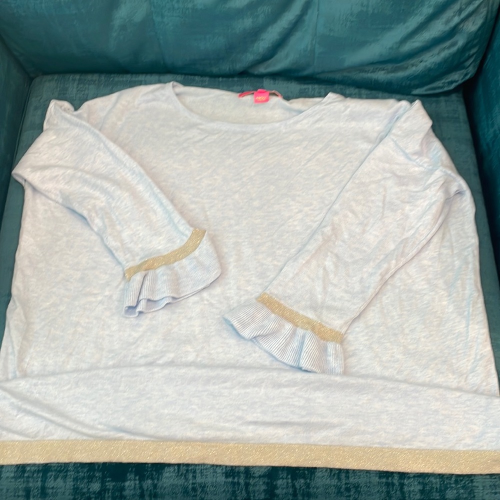 Medium Lilly Pulitzer sweater with sparkly gold detail on sleeves and bottom hem